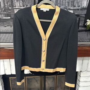 St. John by Marie Gray sweater blazer Gold Trim Silver Black Long Sleeve Medium